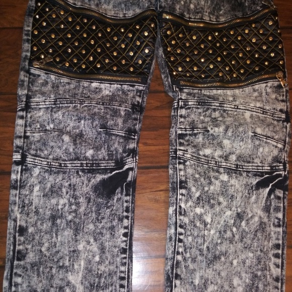 NWT Men Designer Rhinestone & Leather Skinny Jeans - Picture 6 of 8